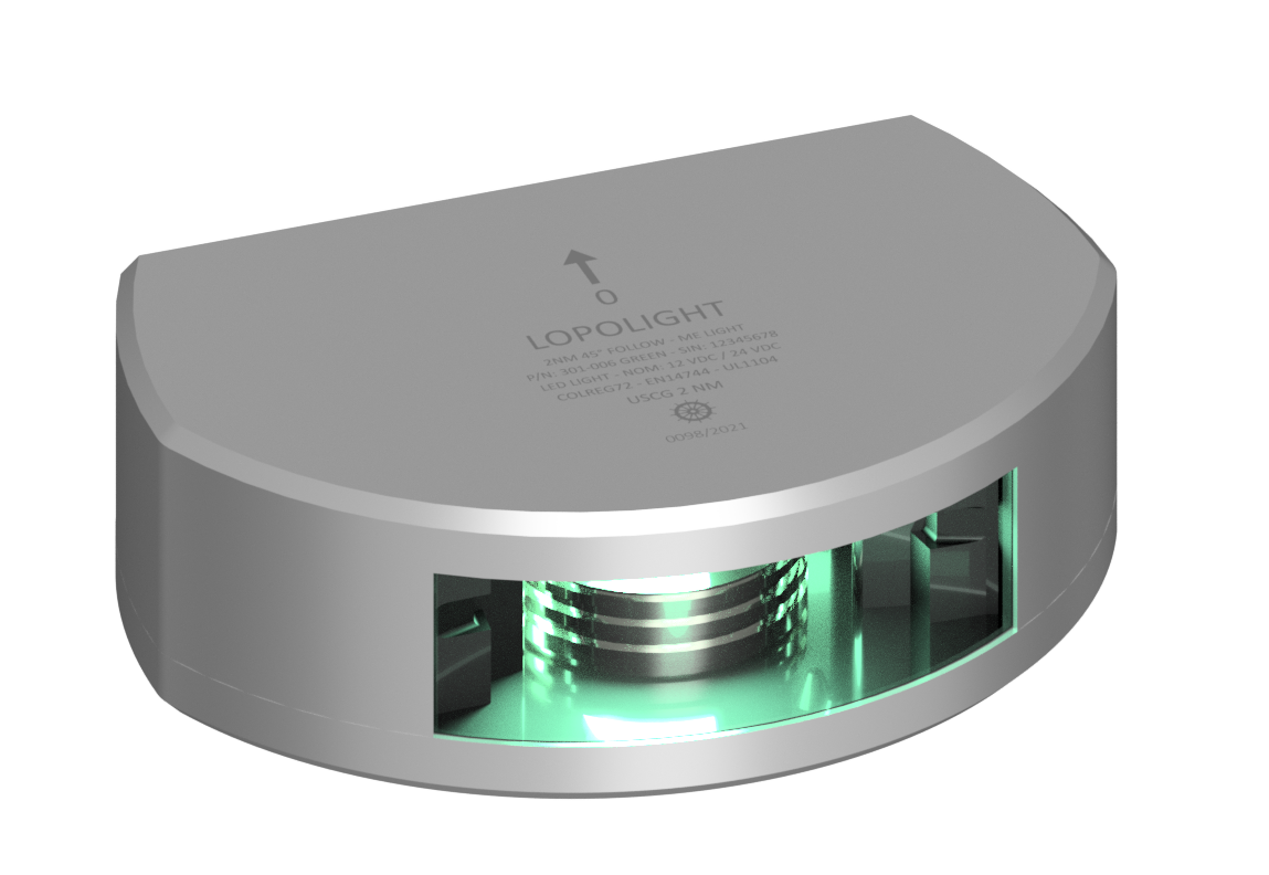 2 nm 45° Green follow-me stern, silver anodized. 2 nm 45° Green follow-me stern, silver anodized.